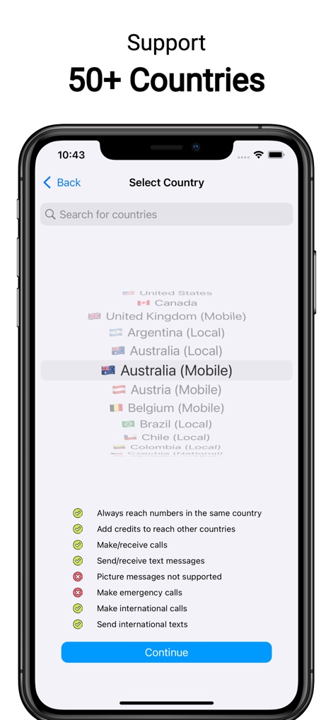 Second Phone Number: Text Call - Explore a wide selection of international phone numbers and view the specific communication features available for each country.