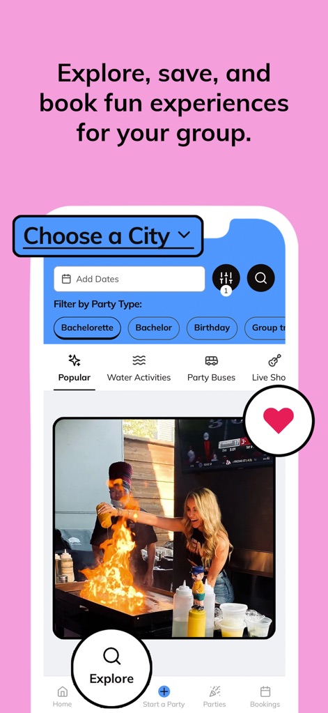 Batch: Let’s Party - Users can easily refine searches with the 'Choose a City' selector and quickly save preferred options using the visible heart icon.