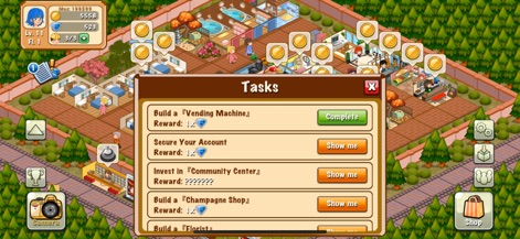 Hotel Story: Resort Simulation - Navigate the intuitive "Tasks" panel, which outlines active objectives such as "Build a 'Vending Machine'", guiding users through resort development with clear progression indicators and rewards.