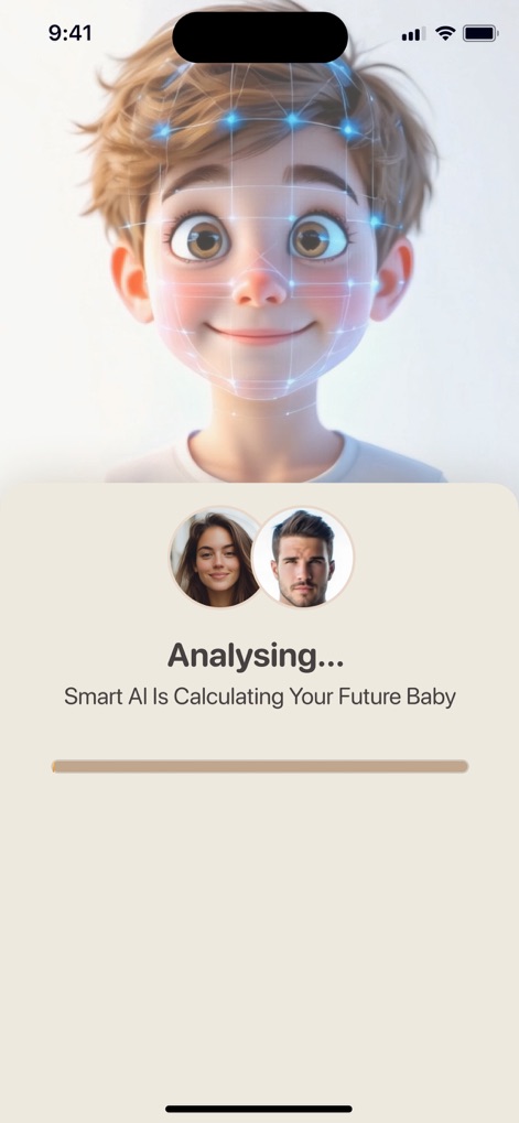 Future Baby Generator・AI Face - L'écran "Analysing..." indique le calcul en cours du futur bébé, accompagné d'une animation graphique d'un réseau neuronal sur un visage d'enfant.
