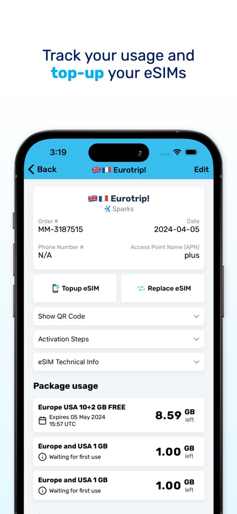 MobiMatter: eSIM Marketplace - Users can conveniently manage their active eSIMs by accessing options like "Topup eSIM" and viewing detailed "Package usage" for each plan.