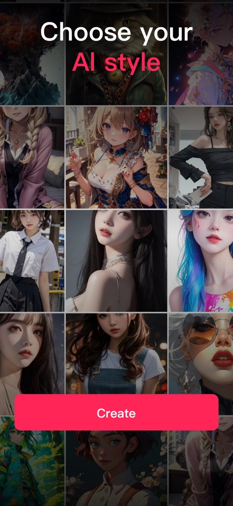 AIArt - AI Picture Generator - La herramienta ofrece una vasta galería de estilos artísticos impulsados por IA para explorar, permitiendo a los usuarios seleccionar su estética preferida antes de pulsar el botón "Create".