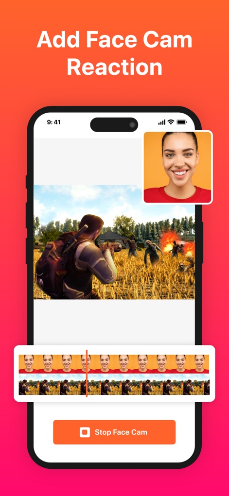 Screen Recorder with Audio - La aplicación permite añadir FaceCam a las grabaciones de juego, donde una ventana flotante captura la expresión del usuario y se gestiona fácilmente desde una línea de tiempo intuitiva.