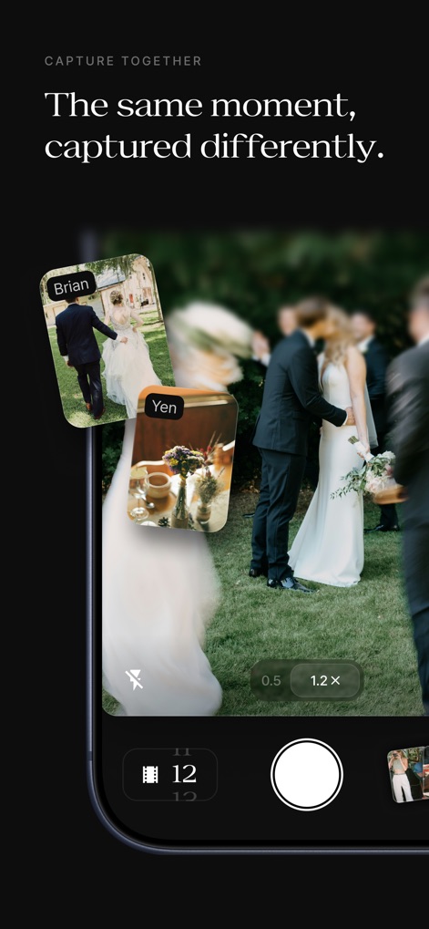 Once - Disposable Camera Event - The camera interface promotes collaborative photography with a prominent shutter button and a visible film count indicating remaining shots.