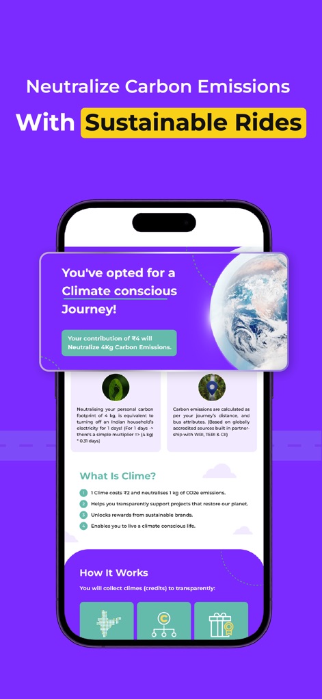 zingbus:Book Bus Ticket Online - The app encourages 'Sustainable Rides' by allowing users to make a contribution for a 'Climate conscious Journey', clearly explaining how each contribution neutralizes carbon emissions and builds 'Clime' points.