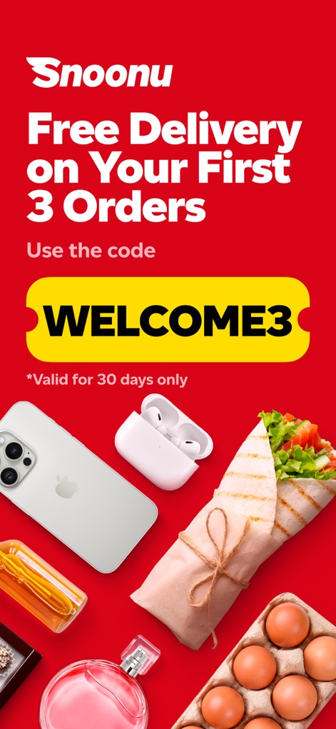 Snoonu: Food Delivery Service - La aplicación Snoonu recibe a los usuarios con promociones atractivas, como el código promocional "WELCOME3", y destaca la diversidad de productos que pueden adquirir, desde un iPhone hasta alimentos.