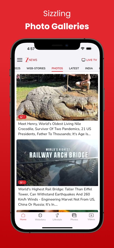 Zee News Live - Diese Ansicht präsentiert die ansprechenden Fotogalerien der App, mit Beispielen wie dem „Weltältesten Nilkrokodil“ und der „Höchsten Eisenbahnbrücke“, um visuell ansprechende Geschichten zu bieten.