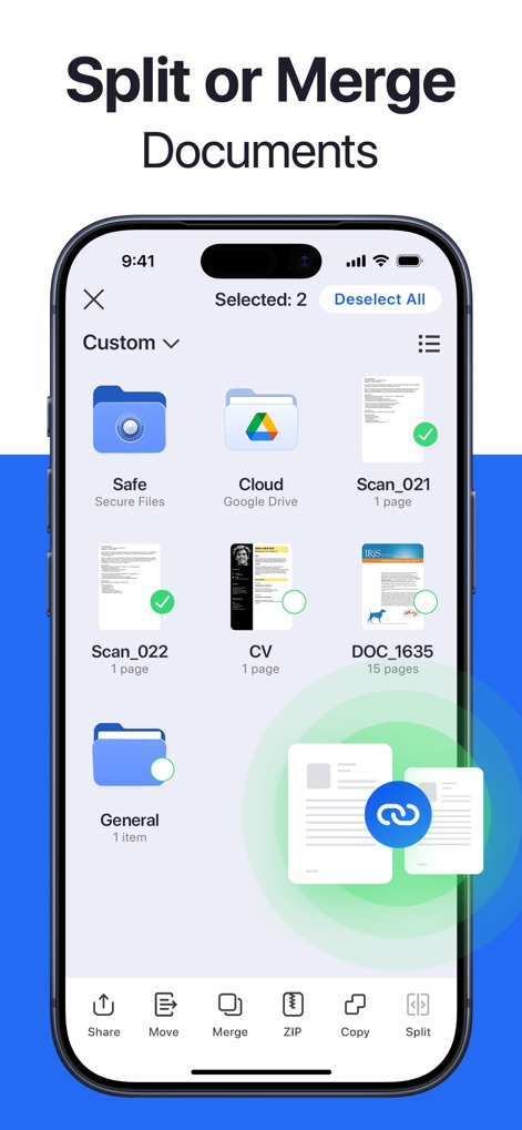 Forma: PDF Document Editor - この機能により、ユーザーは複数のPDFファイルを簡単に結合したり、大規模な文書を必要な部分に分割したりして、効率的なファイル整理を実現します。
