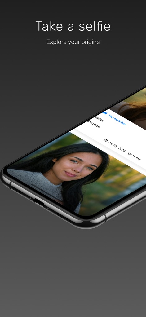 Ancestry & Ethnicity: Face DNA - Inicie su viaje con facilidad, usando la 'interfaz de cámara para selfies' o cargando fotos, permitiendo que la IA analice sus rasgos faciales para descubrir sus orígenes.