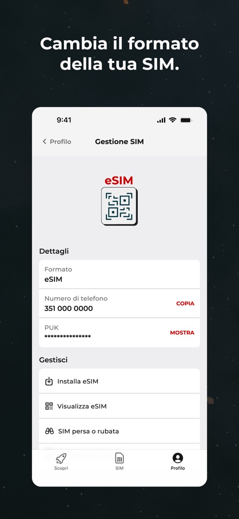 iliad - The app simplifies eSIM management, allowing users to view the eSIM QR code and providing direct options to install or visualize their eSIM details.