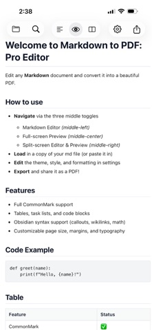 Markdown to PDF: Pro Editor screenshot