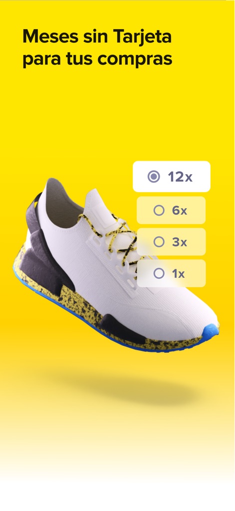 Mercado Pago: cuenta digital - Los usuarios pueden visualizar la opción de pagos a plazos, con una zapatilla de ejemplo y las claras opciones de 12x, 6x, 3x y 1x.