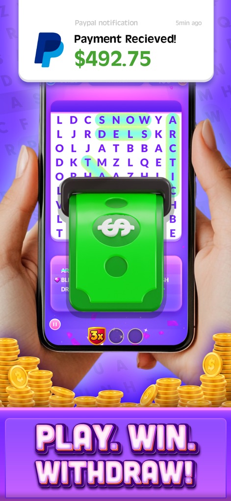 Real Money Word Search Skillz - This screenshot demonstrates tangible rewards, showcasing a significant PayPal payment notification and the direct in-app money withdrawal animation.