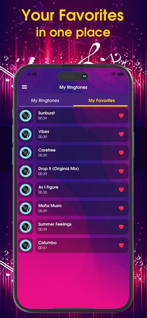 Ringtones for iPhone: Music - L'application centralise les sonneries préférées des utilisateurs dans l'onglet "My Favorites", offrant un accès rapide et une gestion organisée de toutes les sélections personnalisées.