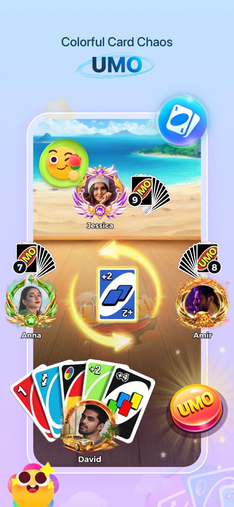 Yalla - Play Game & Voice Chat - Discover the engaging UMO card game, featuring multiple player hands and dynamic card action visuals.