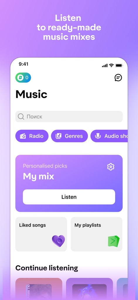 IZI: play, listen, watch, call - L'interface musicale propose des sélections personnalisées comme "My mix" pour une écoute adaptée et des onglets de navigation pratiques pour explorer les radios et genres.