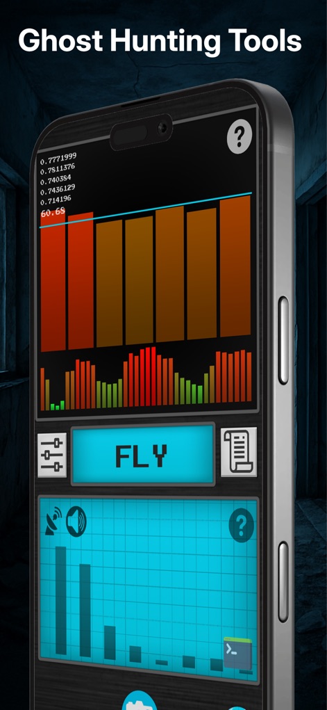 Ghost Hunting Tools - Detector - The app provides a dynamic display of paranormal activity through its oscillating EMF graphs and a central word indicator, showing potential spirit communications.