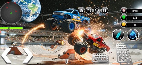 Moon Monster Truck: Car games - Users can perform gravity-defying jumps and stunts in the low-gravity lunar setting, enhanced by sparkling visual effects from impacts and landings.