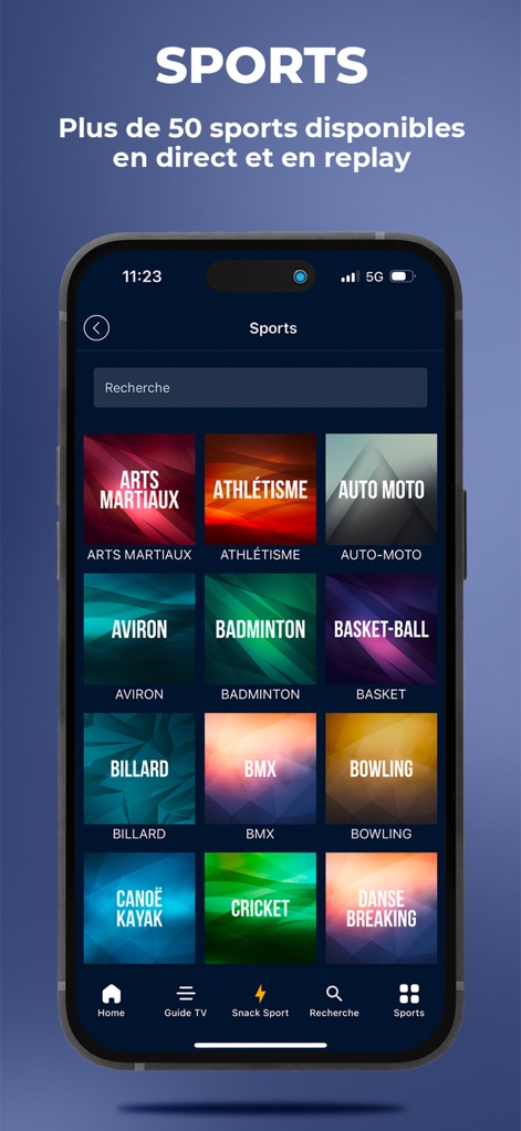 Sport en France - Users can easily browse an extensive catalog of sports through a vibrant, tiled grid of categories and quickly locate specific disciplines using the integrated search bar at the top of the screen.