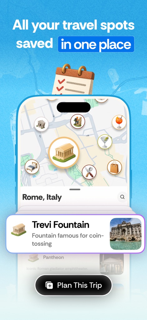 Roamy: Save Spot & Plan Trips - This tool consolidates all saved travel spots onto an interactive map, allowing users to visualize their entire collection of destinations, complete with distinct location icons and detailed pop-up information for each landmark.