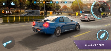 CarX Highway Racing - Engage in competitive online racing, with other players' names visible on screen and the handy nitro boost icon ready for action.