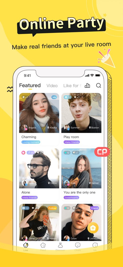 Lemo - Chill & Chat - 사용자는 활기찬 라이브 룸에서 친구들을 만나고, 다양한 지역의 호스트와 'Charming' 또는 'Sweethearts' 같은 방 테마를 통해 교류할 수 있습니다.
