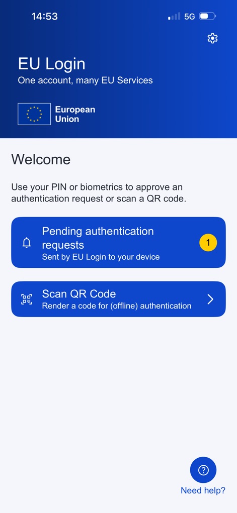 EU Login - An active 'Pending authentication requests' notification, indicated by a count of '1', appears alongside the 'Scan QR Code' feature, highlighting real-time security alerts.