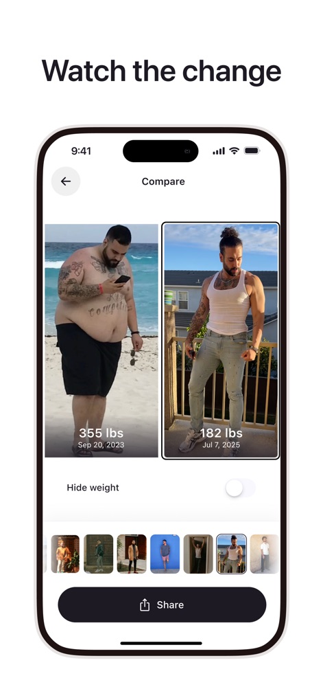 Cal AI - Calorie Tracker - La fonctionnalité de comparaison juxtapose des photos avant et après, affichant clairement le poids et la date pour une preuve visuelle de succès.