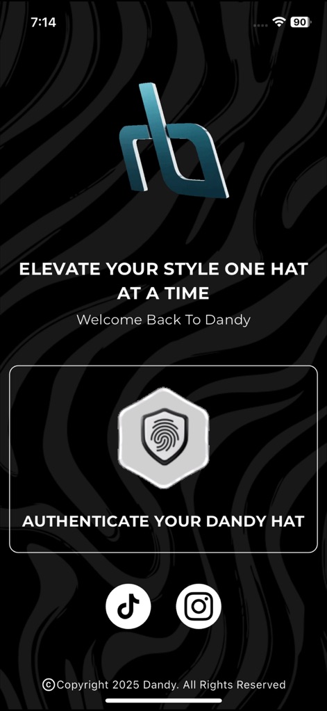 DH Dandy Hats - The app's inviting welcome screen features a prominent 'AUTHENTICATE YOUR DANDY HAT' prompt and integrated social media links for community engagement.