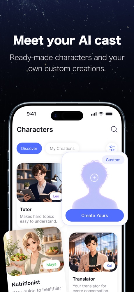 Dola AI: Smart Personal Helper App Store screenshot 3, headline “Meet your AI cast”. Playful tone.