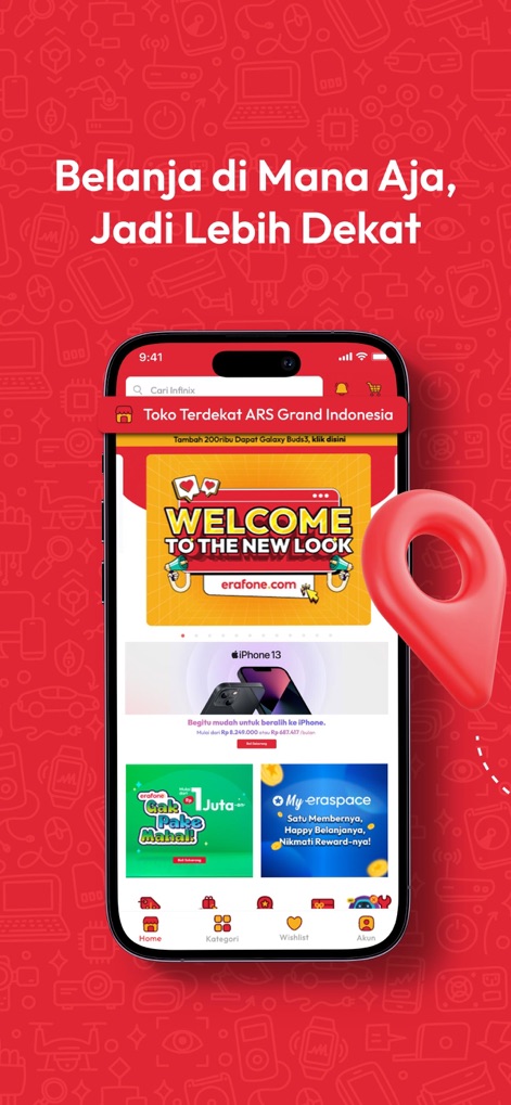erafone - このホーム画面では、上部に「Toko Terdekat ARS Grand Indonesia」と最寄りの店舗情報が表示され、ユーザーは「WELCOME TO THE NEW LOOK」バナーで最新のアプリデザインを体験できます。