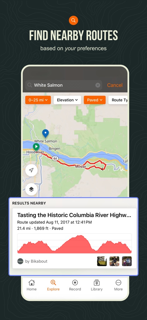 Ride with GPS: Bike Navigation - Les utilisateurs peuvent affiner leur recherche d'itinéraires grâce à des filtres précis (distance et dénivelé) et visualiser un aperçu détaillé incluant le profil d'élévation du parcours.