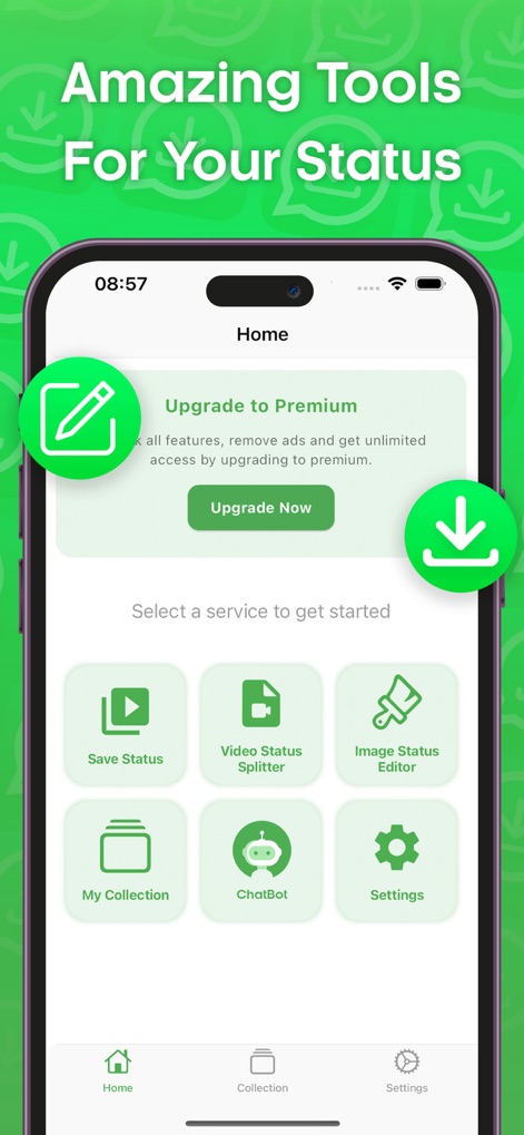 Status Saver and Save Story - Observe the app's 'Home' dashboard, presenting a full suite of features including 'Image Status Editor' and the 'ChatBot' for enhanced status management.