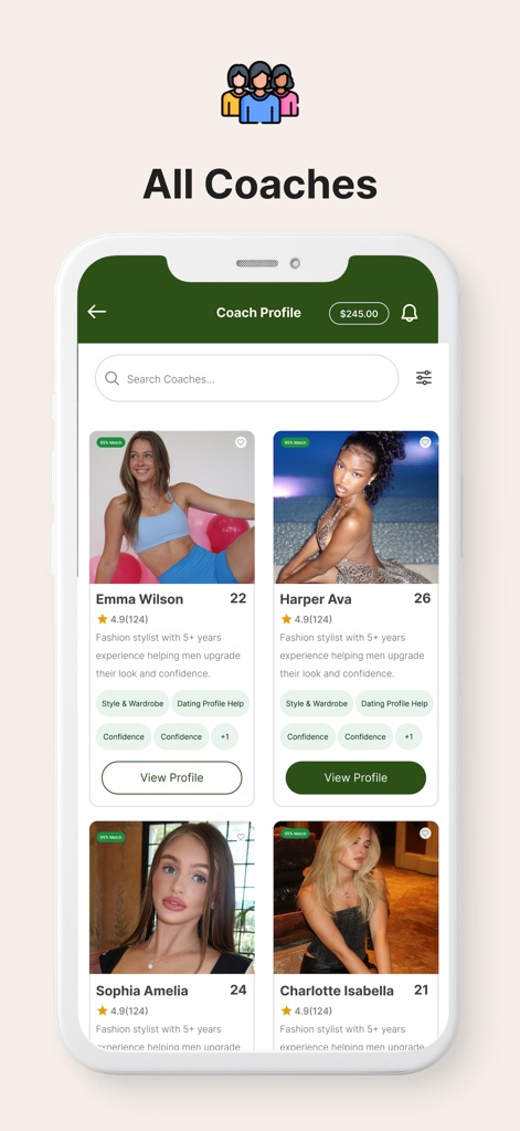 MUSE - Become Your Best Self - Users can browse a comprehensive directory of expert coaches, utilizing search and filter options to match with mentors based on specialties and user ratings.