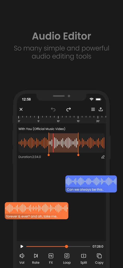 AudioLab Audio Editor Recorder - La aplicación permite a los usuarios cortar, recortar y fusionar clips de audio con una visualización de forma de onda detallada y controles de edición rápida como 'Vol' (volumen) y 'FX' (efectos).