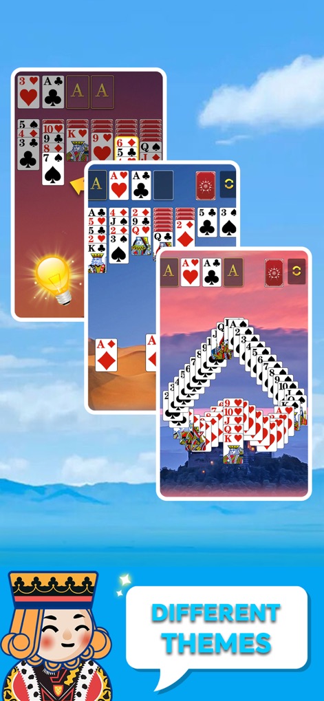 Solitaire Relax®: Classic Card - Los usuarios pueden personalizar su ambiente de juego eligiendo entre diversos temas visuales, que incluyen un fondo de cielo azul y diferentes estilos de mesa para cada partida.