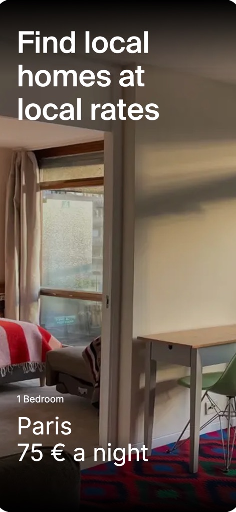 MeetCiao - Sublet Community - この画面では、パリの物件が1泊75ユーロで利用できることが示されており、ベッドルーム数「1 Bedroom」といった物件詳細と具体的な価格「75 € a night」が確認できます。