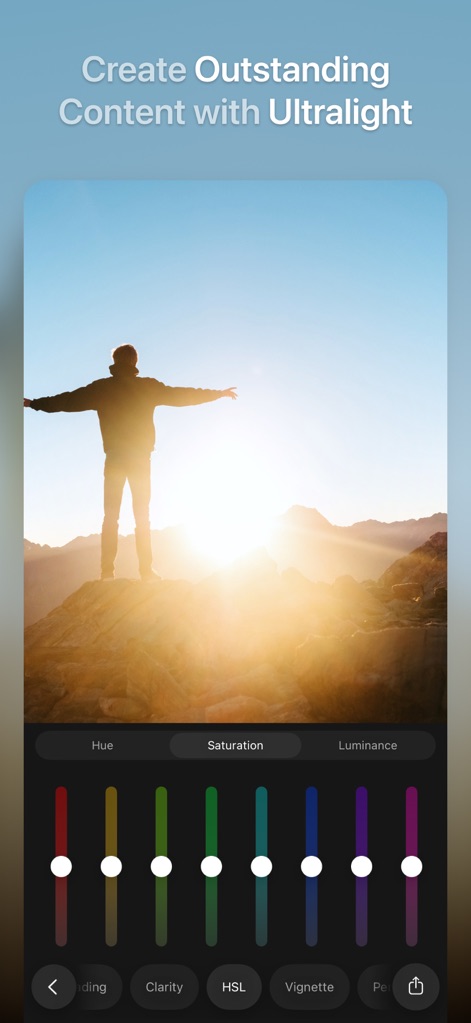 Ultralight: Photo Video Editor - Experience the app's granular "HSL color sliders" for adjusting specific hues, saturation, and luminance, and fine-tune image vibrancy with dedicated "vibrancy controls".