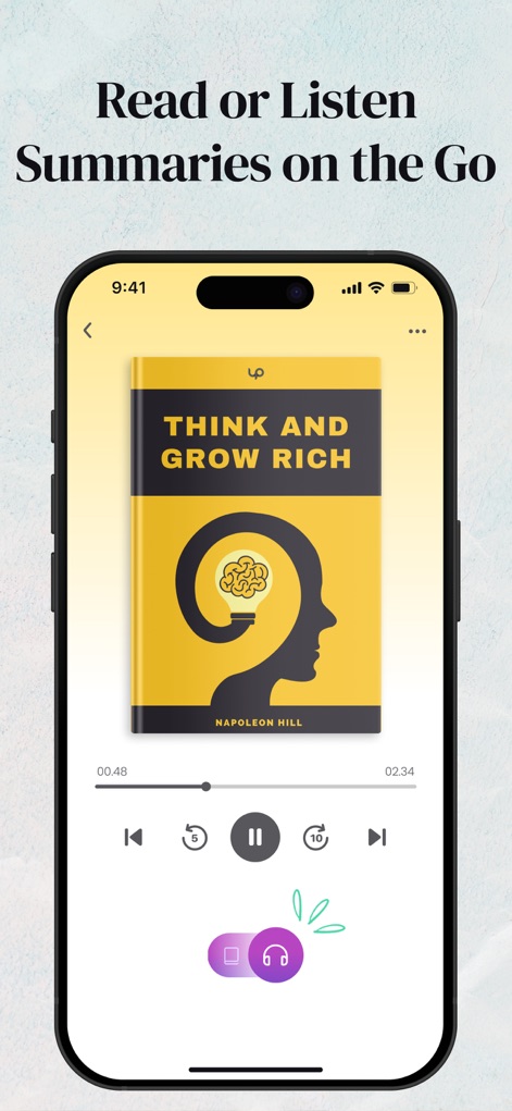 kitUP: Micro Learning Everyday - The app demonstrates its versatile learning experience, offering both an intuitive audiobook player with full controls and a prominent 'Read or Listen' mode toggle.