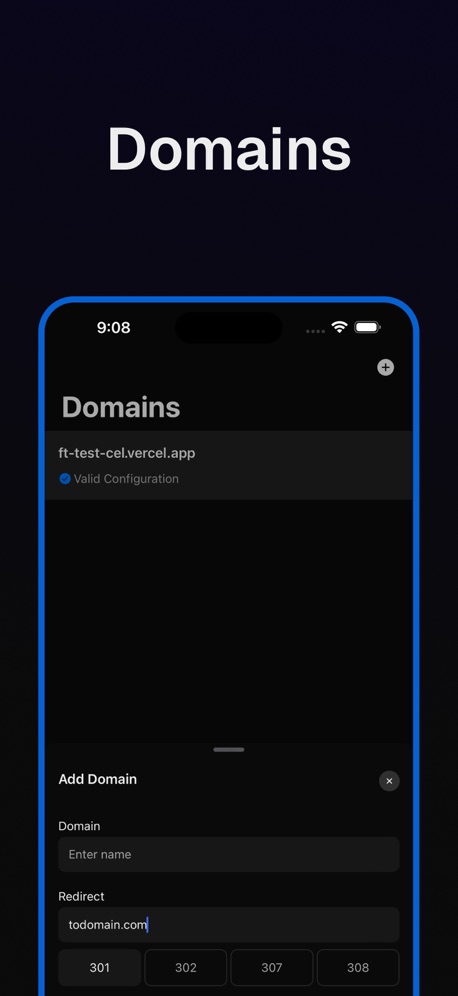 Rev for Vercel App Store screenshot 5, headline “Domains”. Low contrast words.