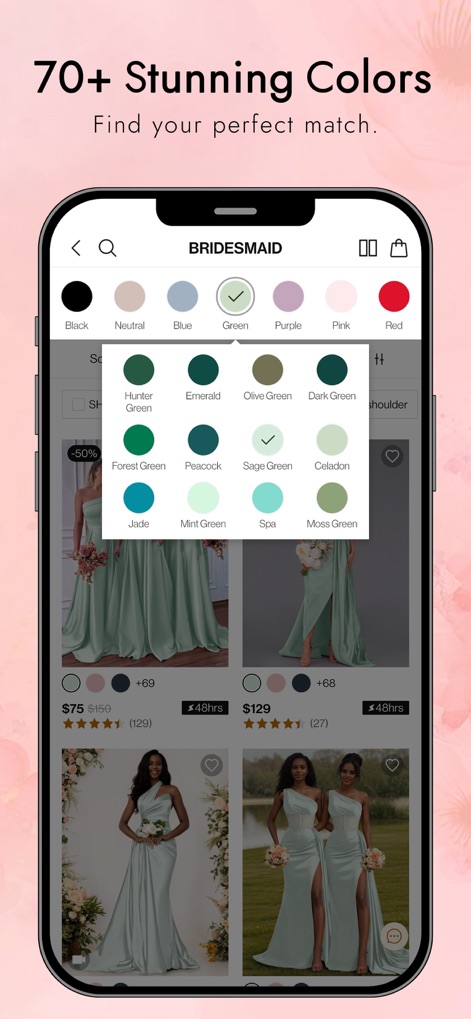 MISSACC: Bridal & Prom Dresses - Nutzer können aus '70+ Stunning Colors' wählen, wie bei den 'Bridesmaid'-Kleidern gezeigt, wobei eine breite Palette an Grüntönen zur Verfügung steht, um die ideale Farbabstimmung zu gewährleisten.