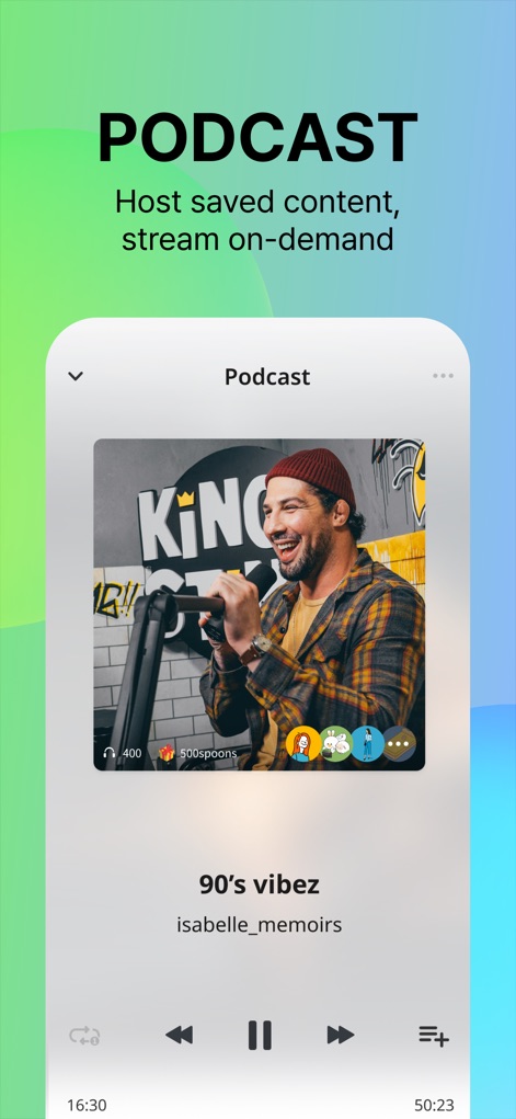 Spoon: Live Audio & Podcasts - The app provides a dedicated podcast player with essential playback controls and a clear progress bar, allowing users to enjoy on-demand audio content seamlessly.