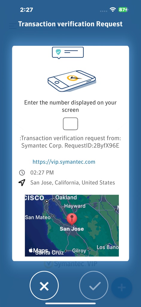 VIP Access for iPhone - The app provides a detailed transaction verification request, including a geographic map of the request origin and clear 'X' and checkmark buttons for approval or denial.