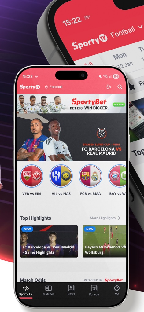 SportyTV: Live Sports Stream - Explore the app's intuitive home screen, presenting an instant overview of "Top Highlights" and real-time "Live Football Scores" from ongoing matches.