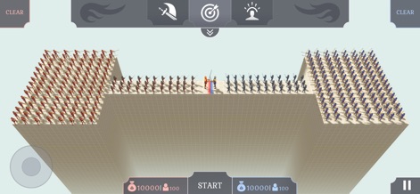 Fun Ragdoll Battle Simulator - This view showcases the advanced army placement system on a clear gridded battlefield, demonstrating how users can deploy vast red and blue armies before pressing 'START'.