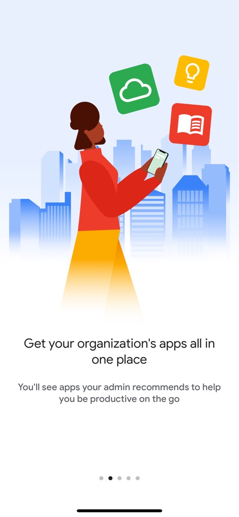 Google Device Policy - The screenshot showcases a user accessing organizational apps from a single device, emphasizing the streamlined availability of recommended productivity tools and the vibrant app icons.