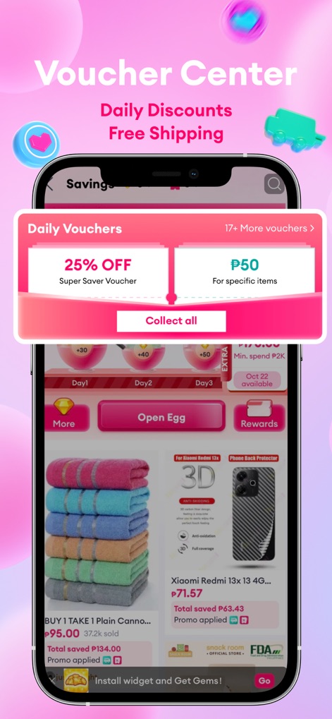 Lazada 4.4 Sale - 毎日の割引と無料配送を提供するクーポンセンターを示し、25%オフのスーパーセーバーバウチャーと50ペソの特定アイテム用クーポンを強調しています。