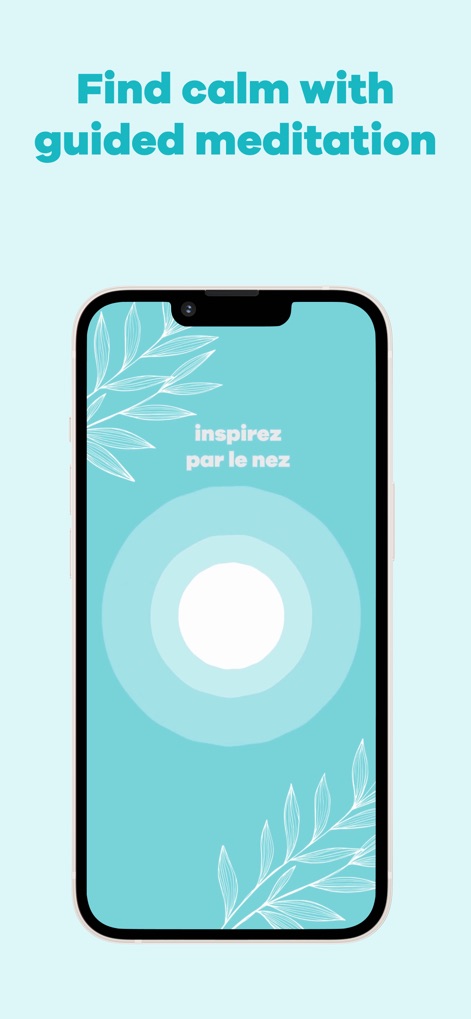 MindDay: Mental Health, Stress - L'application propose des méditations guidées pour la relaxation, invitant les utilisateurs à se concentrer sur leur respiration avec des instructions textuelles et des cercles concentriques animés.