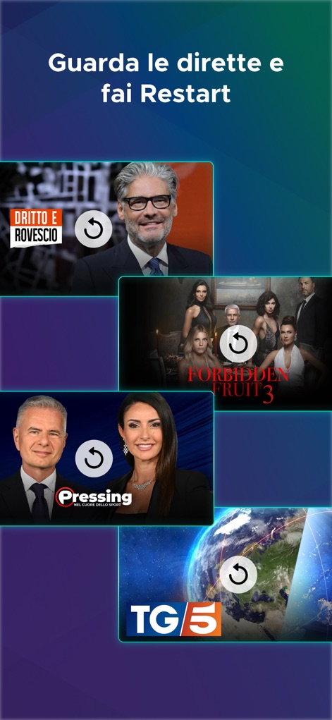 Mediaset Infinity Italia - The app empowers users with live TV streaming for channels like 'TG5' and offers a convenient 'Restart' function to rewatch programs such as 'Dritto e Rovescio' from the beginning.
