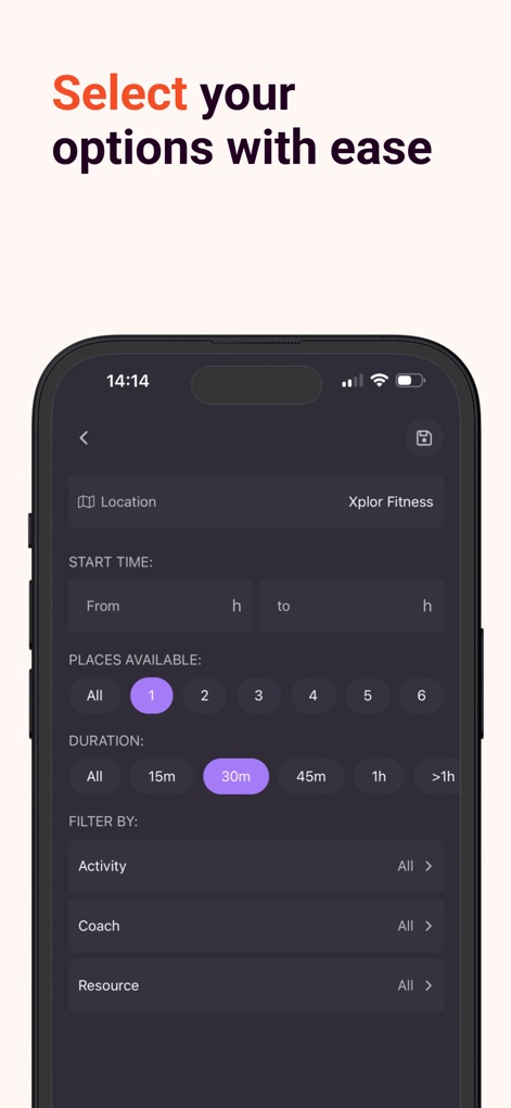 Xplor Active - Die App bietet detaillierte Filteroptionen, mit denen Nutzer gezielt nach Aktivitäten, Trainern oder Ressourcen suchen können und präzise Einstellungen für die Dauer der Kurse und die gewünschte Anzahl der Plätze vornehmen können.
